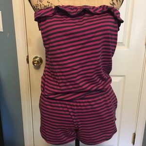 Fuchsia and navy blue striped romper
